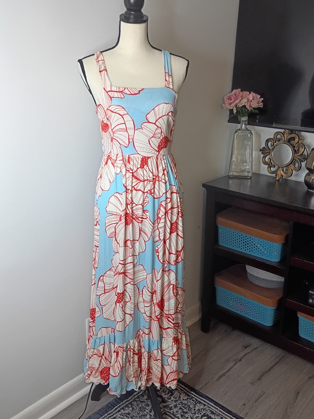 Farm Rio Anthropolgie Sleeveless Blue Maxi Dress with Coral Floral Print, XS